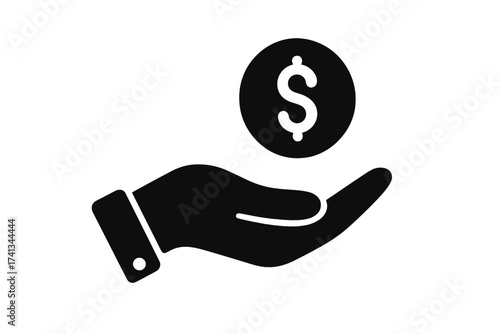 Money in hand vector icon. Dollar coin payment symbol. Concept for earnings, salary, income, savings, investment, charity, finance, business, wealth, profit. Flat illustration.