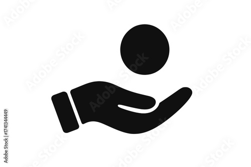 Hand with coin vector icon. Receive money, salary, cash. Payment symbol. Earning and income concept. Charity, donation, investment logo. Financial, business, banking pictogram.