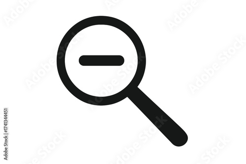 Vector magnifying glass icon with minus sign for zoom out. Simple flat search pictogram for web design, app, and UI. Find, decrease, scale symbol. Isolated graphic element.