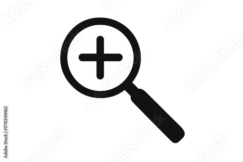 Magnifying glass icon with plus sign. Vector zoom in symbol for search, find, lupe, and magnification. Flat design element for web, app, UI. Research and analysis concept.