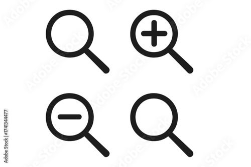 Magnifying glass vector icon set. Search, find, zoom in and zoom out simple signs. Magnifier symbol collection. Flat illustration for web, mobile app, logo, UI design.