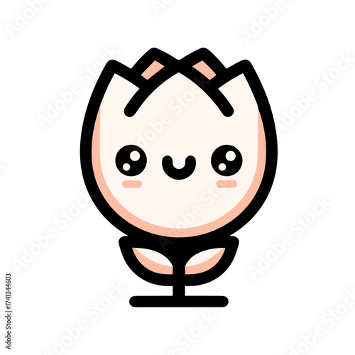 Cute smiling flower character with soft rosy petals and leaves on transparent background for kids' decor concept
