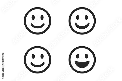 Vector smile emoticon icon set. Black smiling symbol collection with trendy flat style. Happy face icons for web site design, logo, app, UI isolated on white background. Joyful emoji.
