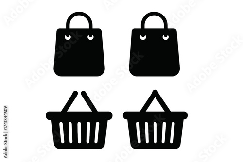 Shopping bag and basket vector icon set. Simple black glyph silhouette for online store, e-commerce app, website. Retail, buy, and purchase symbol for user interface design.