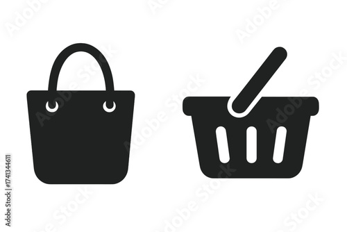 Shopping basket and bag icon set for e-commerce. Online store cart, order, and purchase symbols. Retail graphic elements for web design, mobile app, UI, UX interface. Buy now.