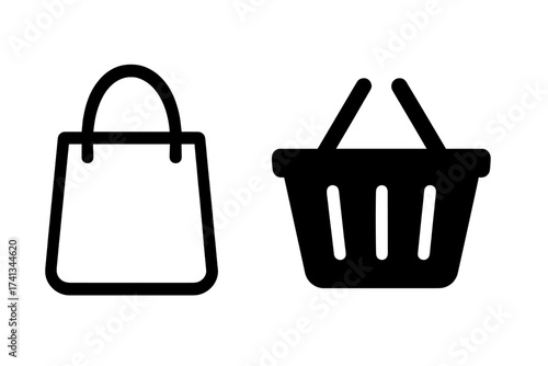 Shopping bag and basket icon set. Vector glyph symbols for e-commerce, online store, retail. Simple black signs for buy, add to cart button, market, UI, web design.