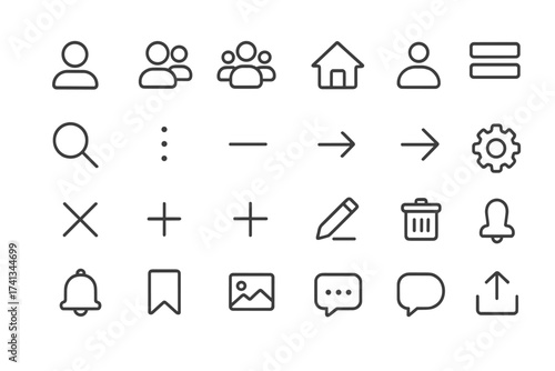 Website UI thin line icon set. User menu and interface navigation outline pictograms. For web and mobile app. Management, messaging and user profile simple vector icons.