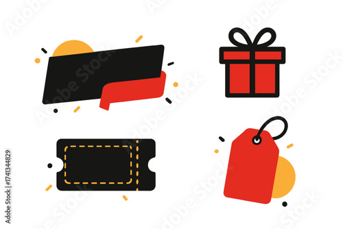 Shopping and sale icon set. Vector illustration of a gift box, price tag, discount coupon, and promotional banner. E-commerce elements for marketing and retail design concepts.
