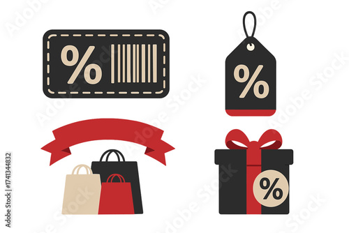 Shopping sale vector icon set. Black Friday promotion elements. Discount coupon with barcode, percent price tag, gift box with red ribbon, and paper bags. Retail offer.