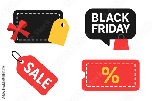 Black Friday sale vector icon set. Collection of promotional price tags, discount coupons, and special offer labels. Shopping event banners for retail and marketing design.
