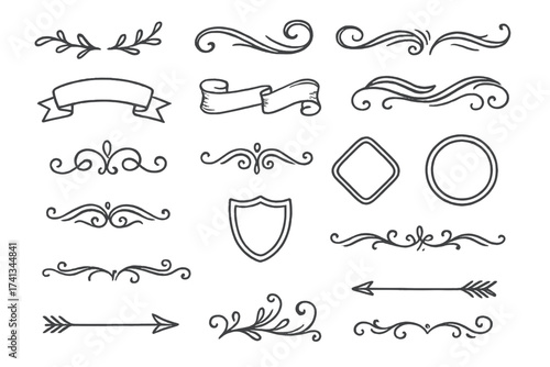 Hand drawn floral dividers laurels frames arrows ribbons. Vintage sketch doodle ornament set. Calligraphic scroll swirl element for wedding invitation decoration. Vector line art.