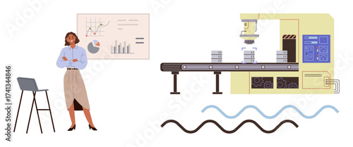Businesswoman reviewing industrial processes with graphs, manufacturing machine, and quality indicators. Ideal for teamwork, industrial management, analytics, automation, business strategy