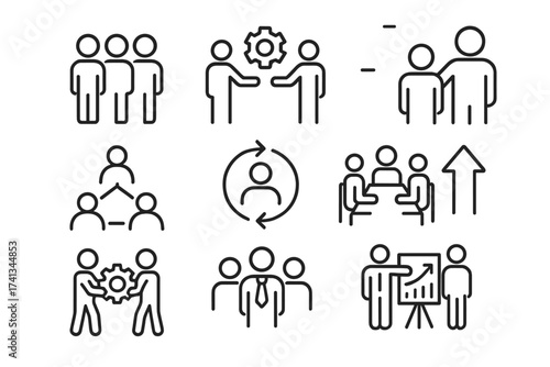 Teamwork and business management icon set. Thin line vector icons for collaboration, leadership, meeting, presentation, growth, and corporate strategy. Editable stroke.