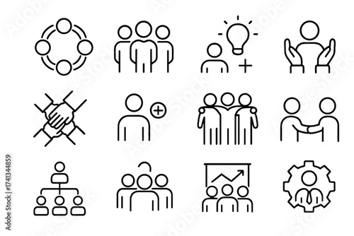 Teamwork collaboration business management icon set. Human resources, corporate strategy, leadership, community. Vector line icons for partnership, meeting, idea, and growth.