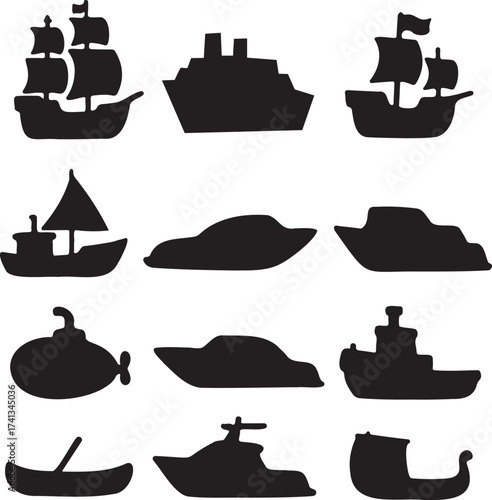Collection of black silhouette icons representing various types of watercraft, including sailing ships, cargo ships, submarines, and small boats, all isolated on transparent back