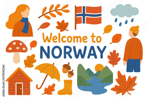 Flat Design Autumn Norway Culture Icon Set