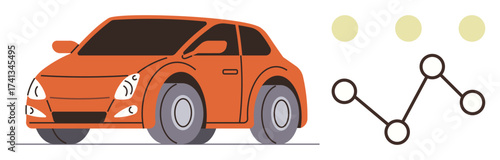Orange car with futuristic design alongside a network diagram. Ideal for transport, technology, innovation, communication, data sharing, mobility solutions, automotive industry. Simple flat metaphor