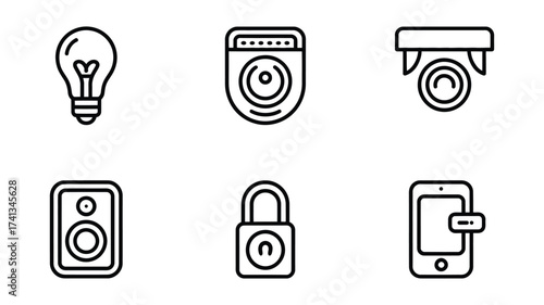 Vector art of smart home devices in line style light bulb, speaker, security camera, lock, and smartphone with notification