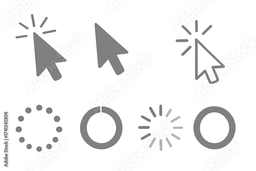 Computer mouse click cursor arrow icon set & loading progress bar symbols. Gray pointer collection for web user interface. UI UX design element. Vector graphic illustration.
