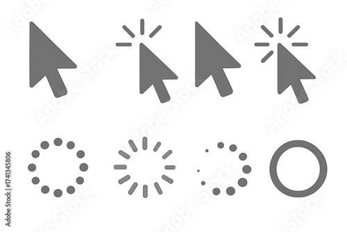 Computer mouse click cursor gray arrow icons set and loading spinner symbols. Web pointer and click icon collection. Vector wait, buffer, and load indicator signs.