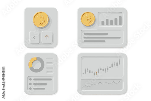 Neomorphic UI kit for crypto app. Bitcoin trading platform interface with financial analytics charts. Cryptocurrency exchange dashboard UX/GUI elements for mobile finance.