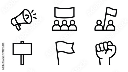 Vector art of simple line art icons depicting a political protest, featuring a megaphone, a banner, a flag, and a raised fist