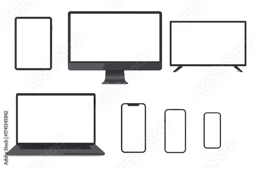 Realistic device mockup set. 3D render of computer, laptop, tablet, television and smartphone with blank empty white screen. Digital gadget collection for presentation. Vector.