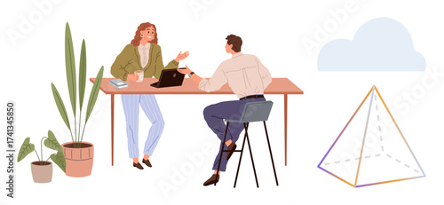 Two colleagues discussing work at a desk with a laptop, surrounded by potted plants and a geometric pyramid. Ideal for teamwork, creativity, strategy, brainstorming, digital tools, cooperation