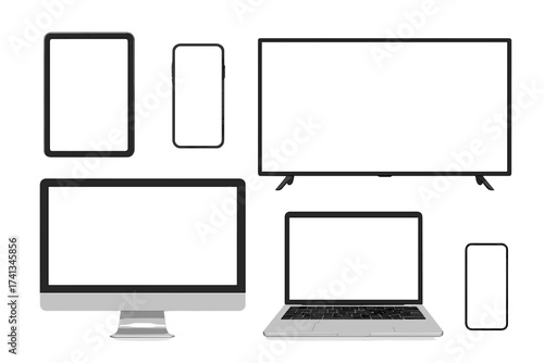 Realistic device mockup set. Laptop, computer, smartphone, tablet, TV screen. 3D vector electronic gadgets with blank white display for presentation or portfolio design.