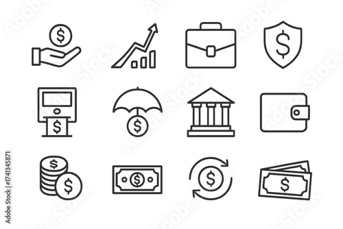 Finance concept simple line icons set. Banking outline pictograms of deposit, growth chart, briefcase, secure payment, atm, insurance, wallet, cash, money exchange. Vector symbols.