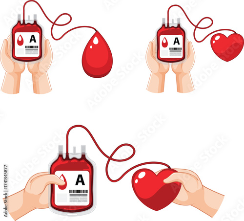  World Blood Donor Day is held on 14 june. Blood Drop with hand and Realistic ribbon. One Drop Can Save a World. Blood bag and heart banner, cards, prints, social media.