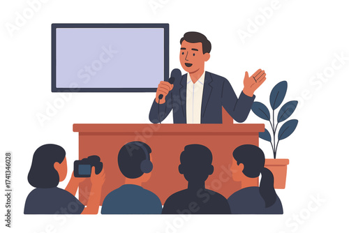 Journalism press conference concept. TV show host talks into microphone on program set. Speaker at rostrum. Mass media people scene. Flat vector illustration for website.