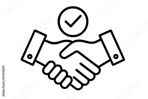 Handshake icon with check mark. Successful deal, agreement, and partnership concept. Business contract and collaboration symbol. Approved or confirmed partnership line vector.