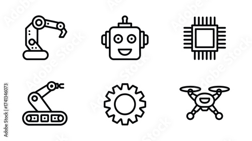 Vector art of robotics and automation technology icons featuring robot, arm, gear, drone, and microchip for engineering projects