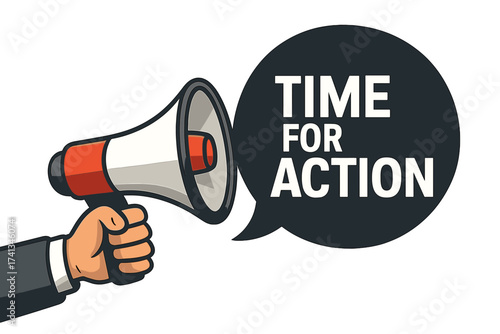 Time for action motivation concept. Male hand holding megaphone. Loudspeaker for business marketing and advertising. Announcement and promotion banner. Urgent call to action design.