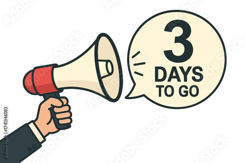 Hand holding megaphone with 3 days to go speech bubble. Loudspeaker for business and marketing. Countdown announcement banner. Final call for promotion, sale, or event. Vector.