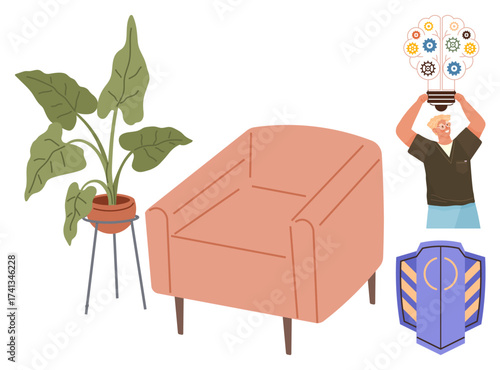 Pink armchair next to green potted plant, man holding a lightbulb full of gears, and shield symbol. Ideal for home comfort, creativity, innovation, mental health, protection, growth and interior