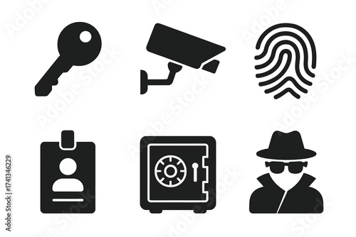Security system flat vector icon set. Key, surveillance camera, fingerprint, ID pass, safe, and spy agent signs. Concepts for home protection, monitoring, and privacy.