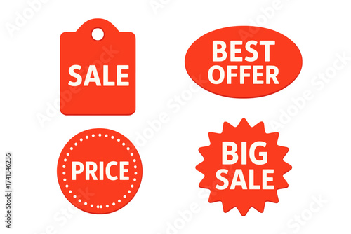 Vector set of red sale tags. Best offer price and big sale stickers. Retail pricing badges. Limited sales offer label. Store discount banner card isolated. Shopping concept.