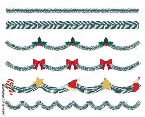 赤のリボンや柊をあしらったクリスマスリースのパターンブラシ・ラインイラストセット｜色や太さを自由に変更できるベクター装飾素材