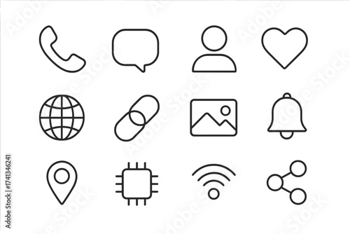 Social media icon set in thin line style. Web and mobile interface elements for UI and UX design. Vector collection of simple symbols for contact, like, share, and notifications.