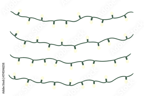 Set of Christmas lights garlands for holiday decoration. Vector illustration on transparent background. Glowing festive string lights for Christmas and New Year design elements.