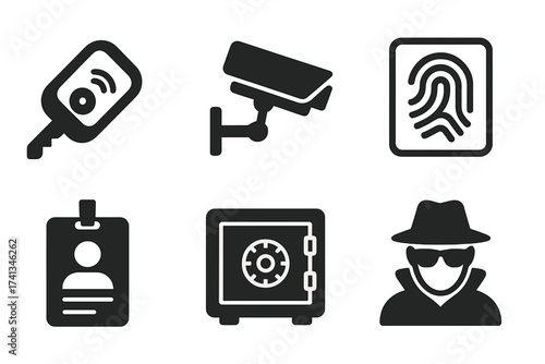 Security system vector icon set. Flat glyphs for safety and protection. Surveillance camera, fingerprint, safe, ID pass, electronic key, and spy agent pictogram collection.