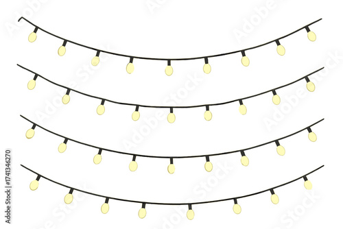 Set of hanging string lights. Christmas glowing garlands for holiday decoration. Festive party, wedding, or patio lights. Luminous bulbs on wire. Vector illustration isolated set.