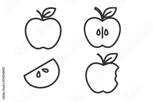 Apple icon set. Line art fruit symbols. Whole, half, slice, and bitten apple. Healthy food, diet, and nutrition concept. Organic, fresh, natural fruit for a healthy lifestyle. Vector illustration.