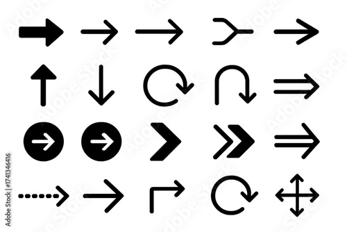 Large set of vector arrows. Arrow icon collection for web design, app, and user interface. Black direction pointers, navigation symbols, and various graphic elements.