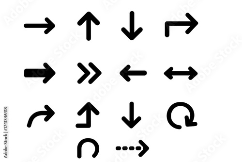 Set of vector arrows. Collection of black direction indicator icons. Arrow symbols for navigation, web design, UI and UX. Up, down, left, right, next, back, refresh, reload.