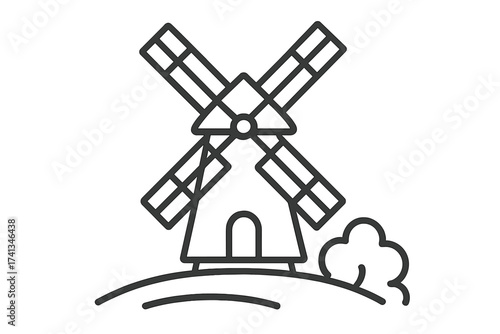 Netherlands windmill simple line icon. Vector illustration of a traditional dutch farm building. Holland travel and tourism symbol. Agriculture and wind power energy concept.
