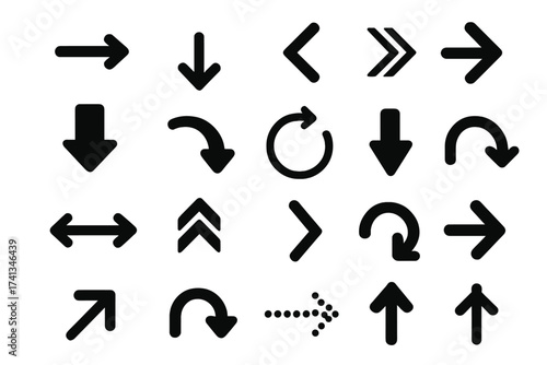 Big set of vector arrows. Black direction indicator collection. Arrow icon for web navigation, next or previous button. Pointer symbol. Up, down, left, right, refresh, curve.