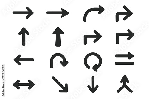 Vector arrow collection. Black isolated icons set. Direction navigation symbol pack. Simple pointer signs. Next, back, up, down, refresh, reload, turn, curve, straight arrows.